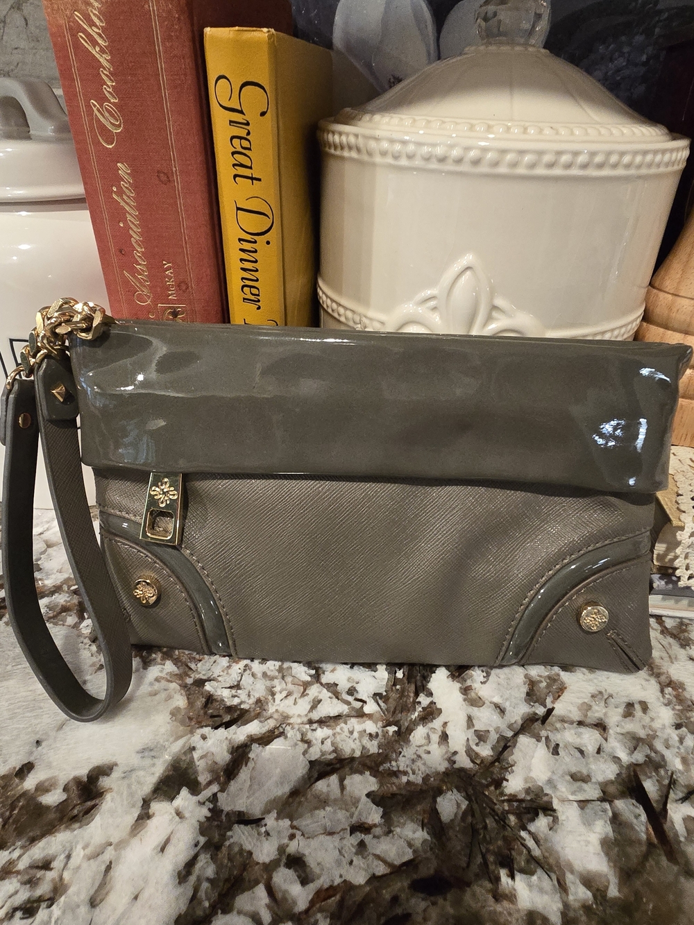 Vera Bradley Gray Fold-Over Wristlet Clutch with Gloss Trim